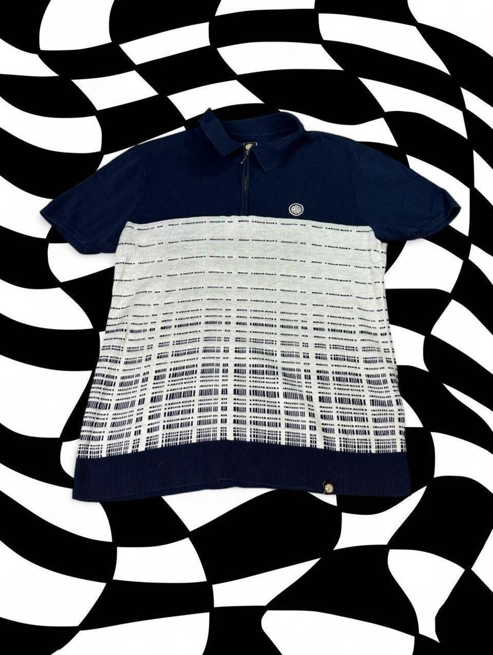 Pretty Green navy & white striped polo shirt with barcode pattern,